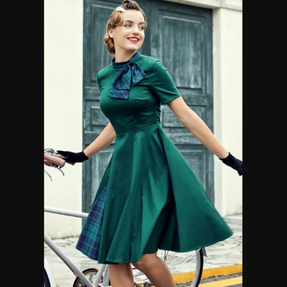 ZAPAKA Green Plaid Swing Vintage 1950s A-Line Rockabilly Dress Tie Neck Zipper